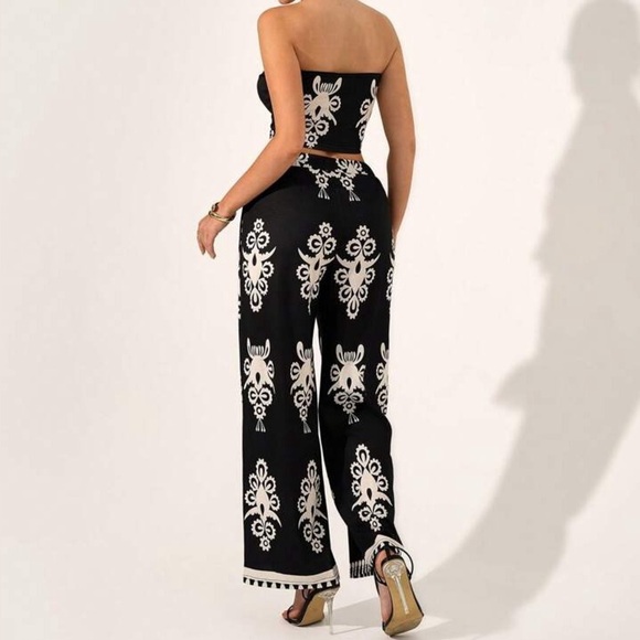 NEW Black and White Strapless Tube Top with Patterned Pants Set - Picture 2 of 5